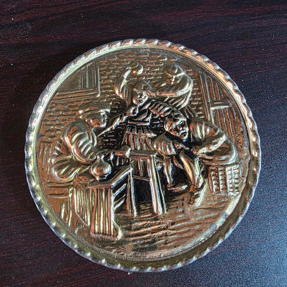 Wall Pocket Planter 6" Gold Brass Embossed Tavern Scene Made in England
